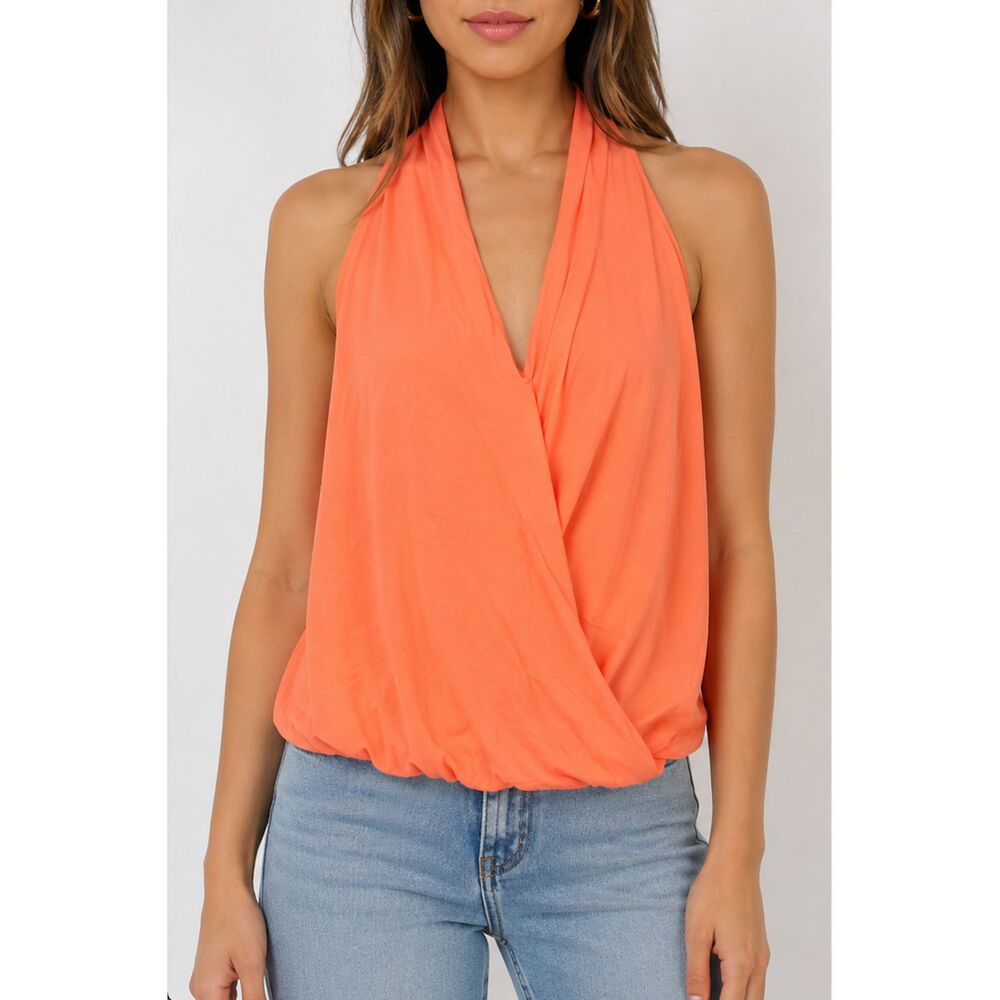 Zenana Crepe Surplice Halter Top Orange Size Small Boutique Faux Wrap Racerback